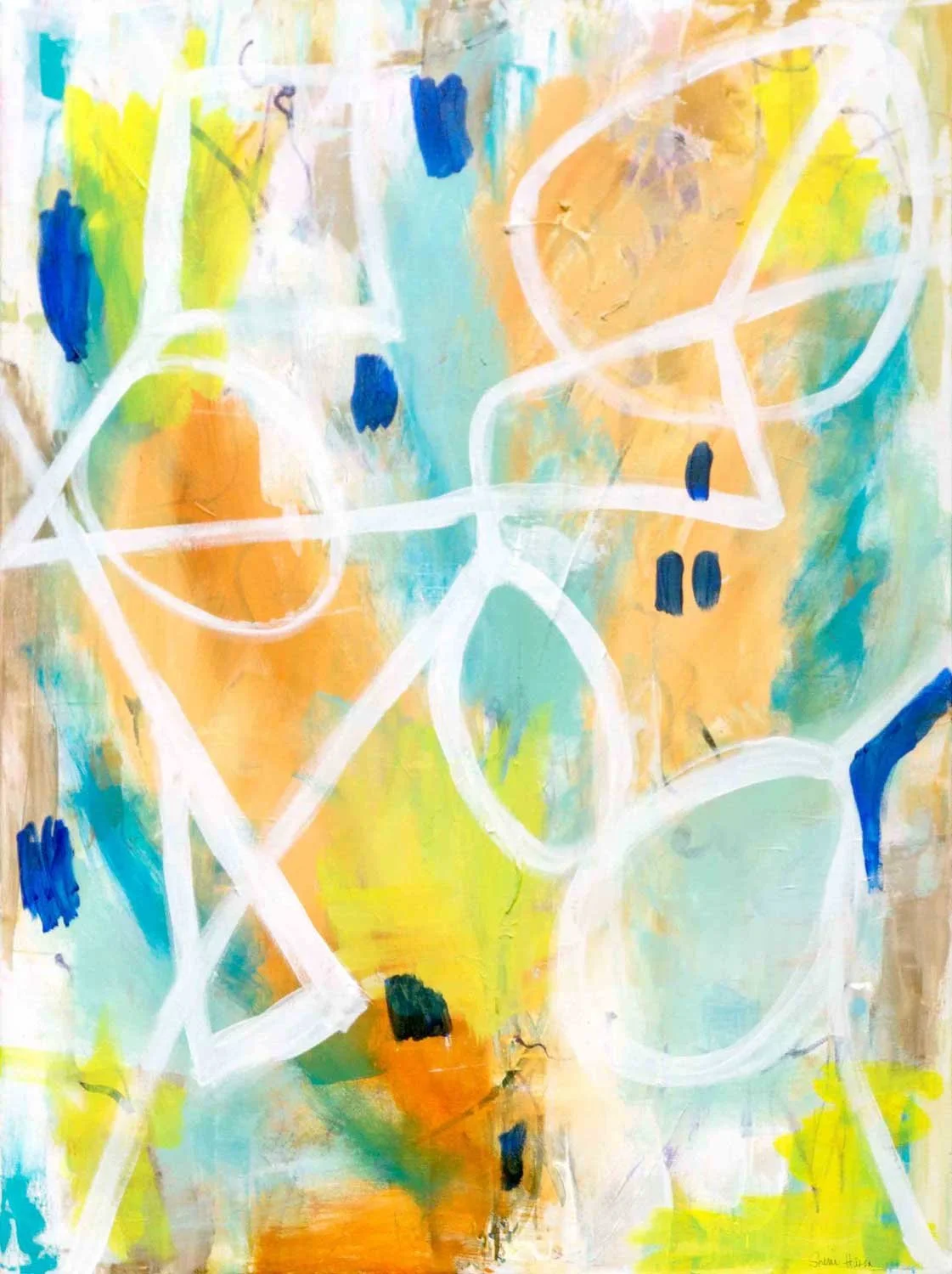 Abstract acrylic painting in yellow, teal, and orange with fluid looping white lines weaving across the warm ground, blue marks scattered throughout