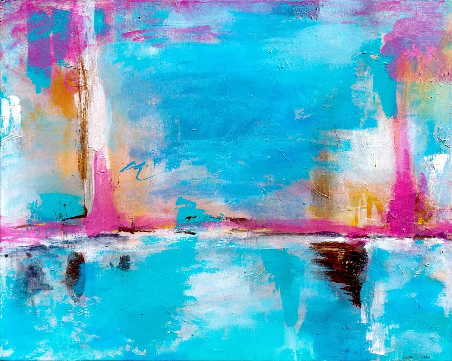 Abstract acrylic painting in bright teal, magenta, and gold, painted the morning of the Maui fires. A luminous sky, reflective water, and vertical forms rising on either side like columns of light