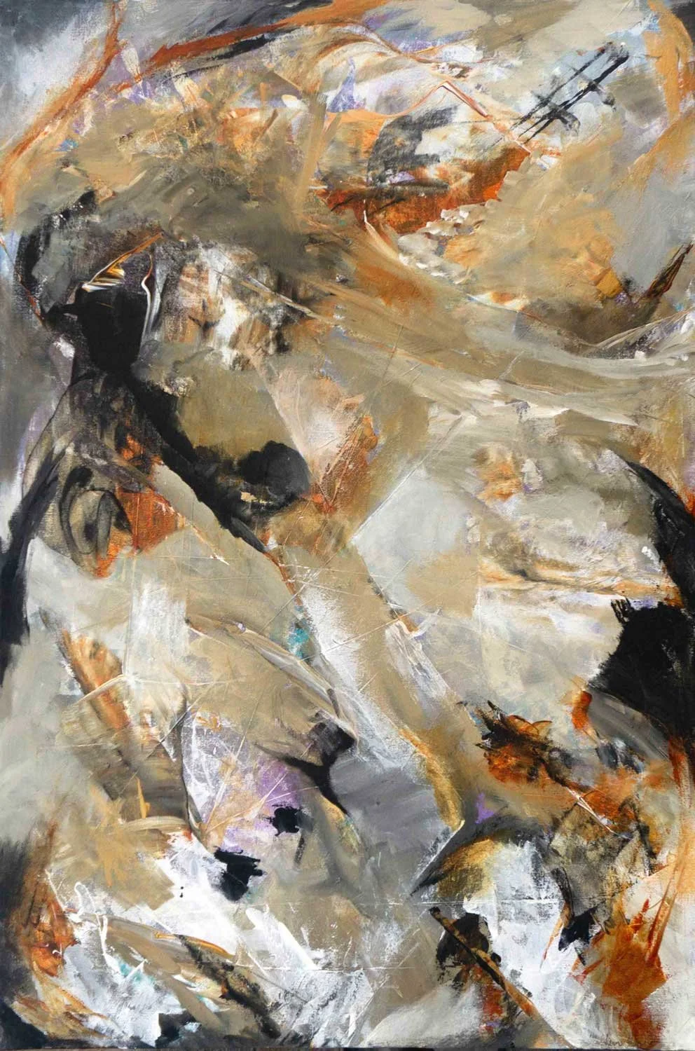 Abstract acrylic painting in grey, white, burnt orange, and black with a mast and rigging visible in a churning storm-like surface