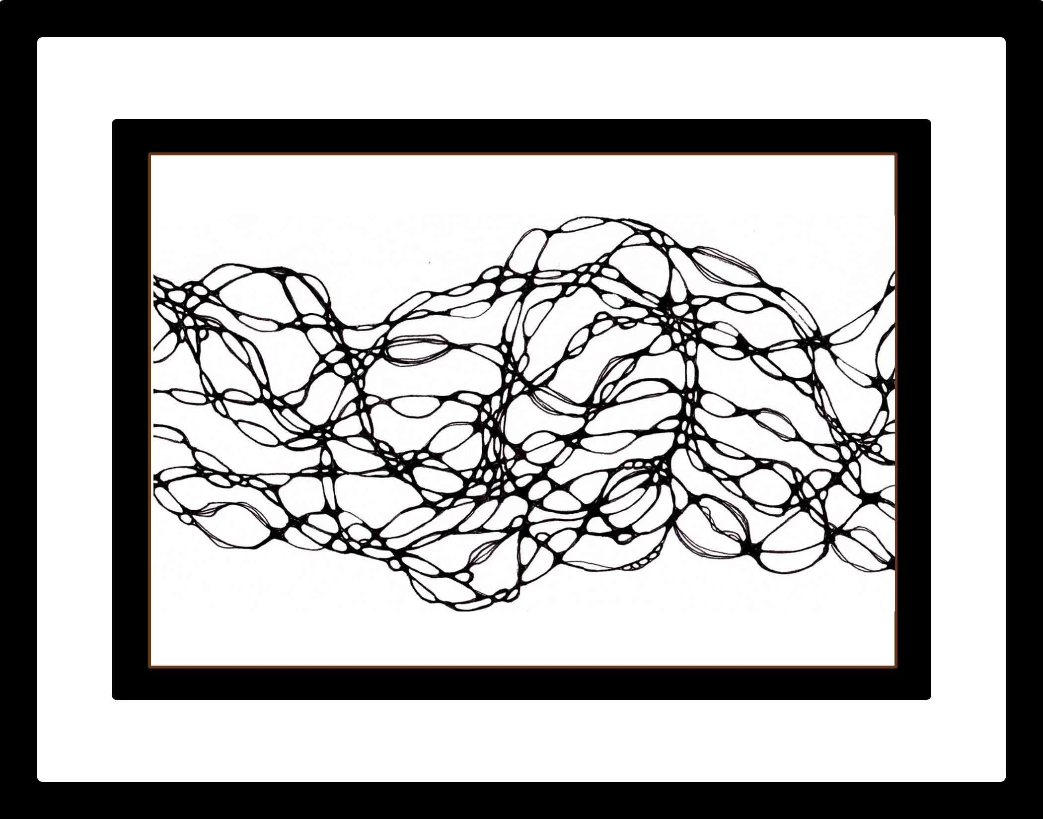 Black ink drawing on white paper of interlocking lines with smoothly rounded intersections, forming a dense, continuous horizontal band with small hand-drawn monograms in the upper corners.