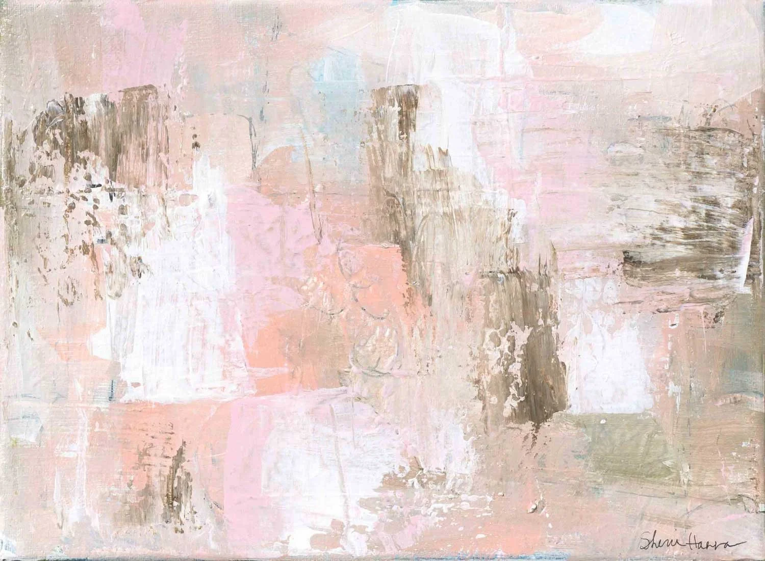 Abstract acrylic painting in blush pink, taupe, and white with vertical textured marks and soft washes of coral and pale blue