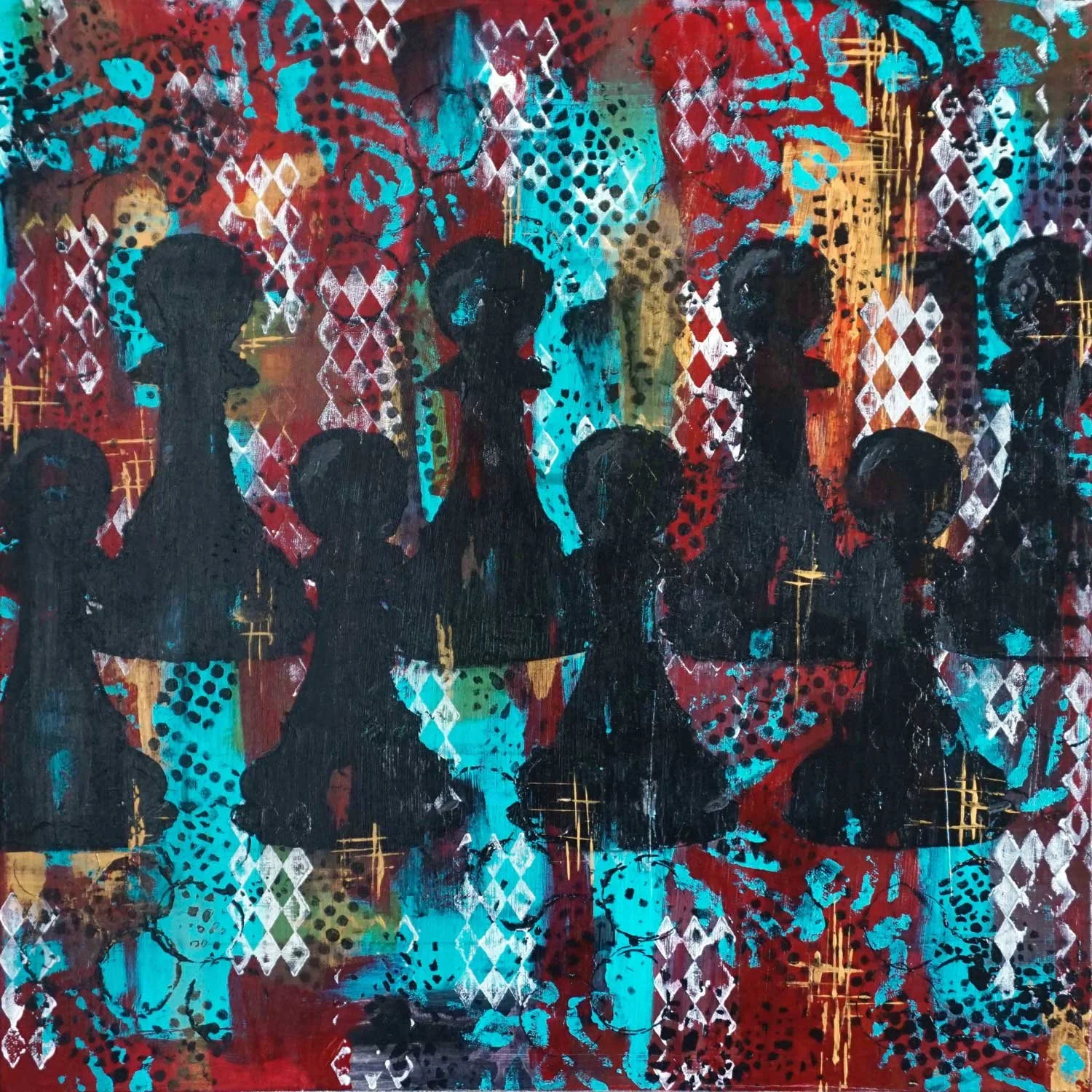 Abstract acrylic painting with a row of chess Pawn silhouettes against handmade stencil and stamp patterns in crimson, teal, and gold