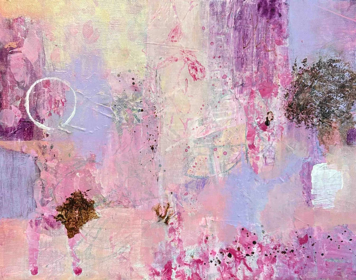 Textured abstract painting titled Sophie's Bedclothes by Sherri Hanna, featuring soft pink and lavender tones with layered marks and mixed media textures
