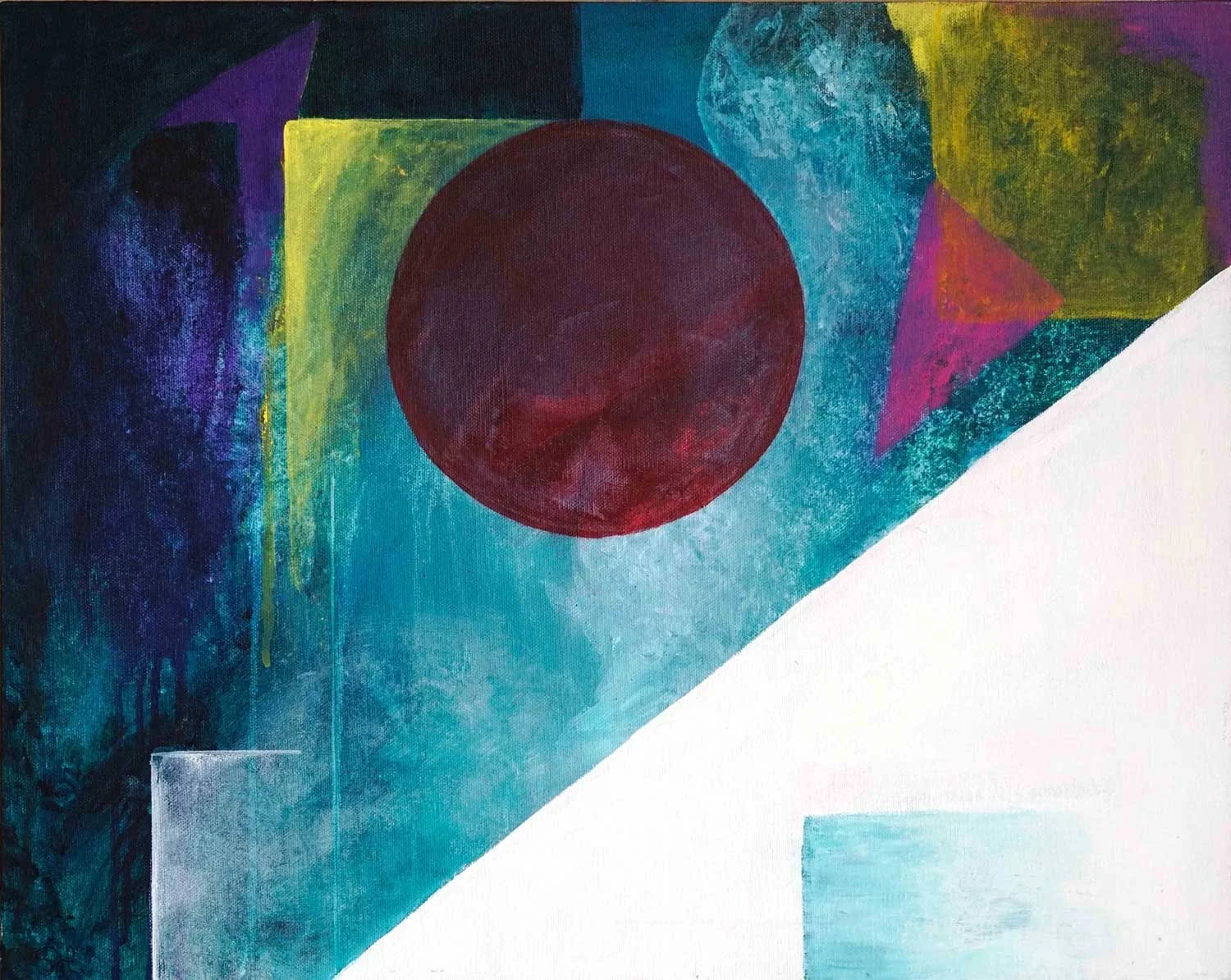Abstract acrylic painting with geometric shapes in chartreuse, purple, and gold against deep teal, with a deep crimson circle at center