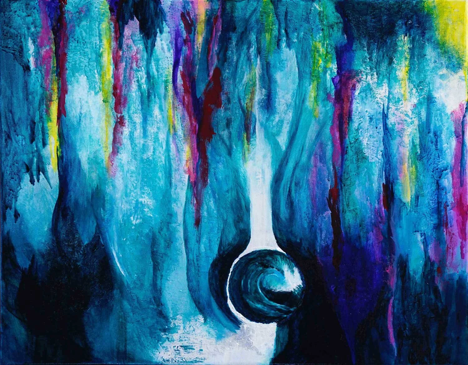 Abstract acrylic painting with color streaming down into a dark spiral containing a breaking wave, suggesting the formation of a new world