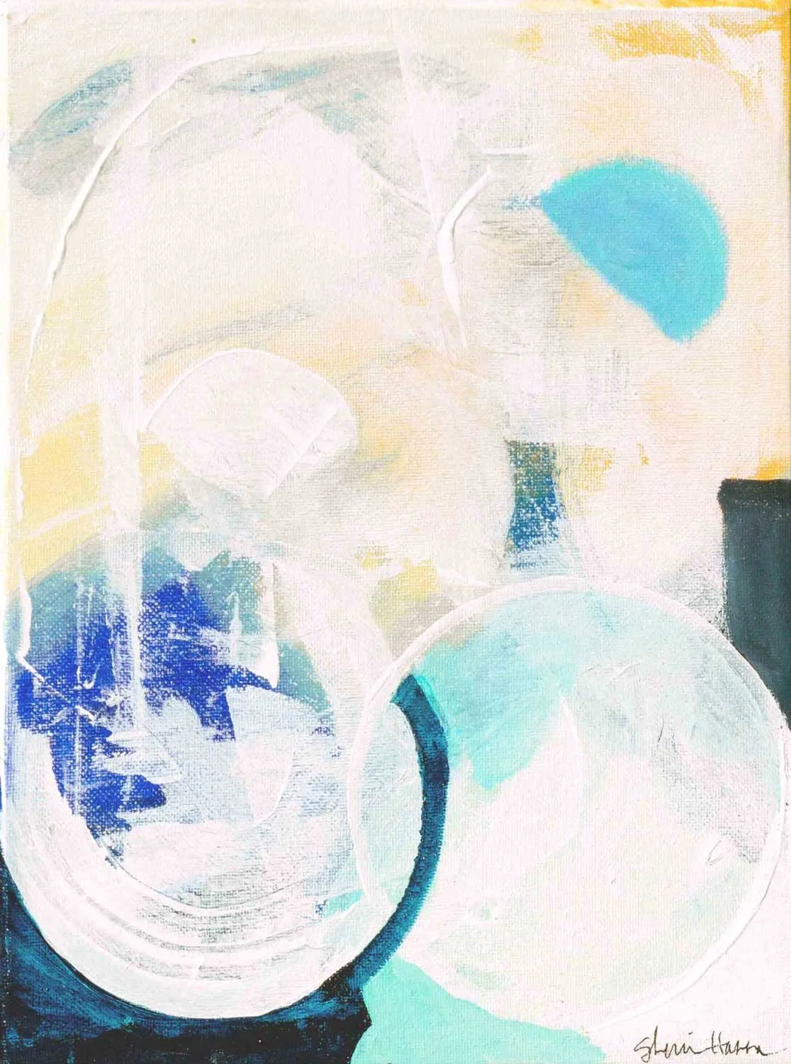 Small abstract acrylic painting in pale gold and white with two large luminous circles and a teal half-circle, part of the Singing the Blues series