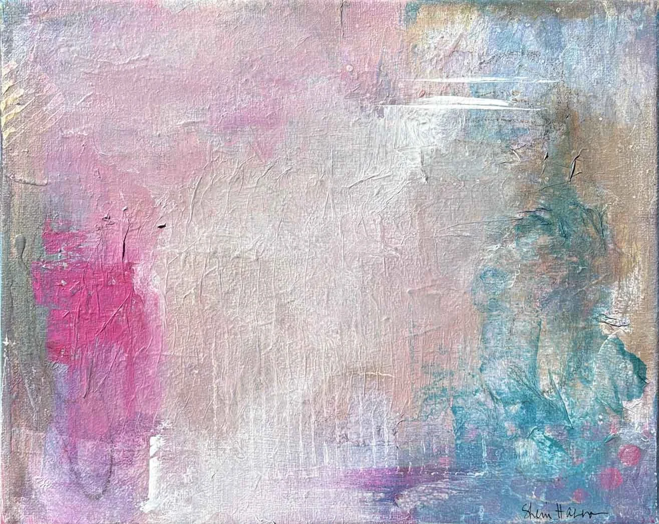 Abstract acrylic painting with a block of bright magenta at left, a hazy pale gray and white center with faint drips, and deep teal and tan at right with three small pink dots in the corner