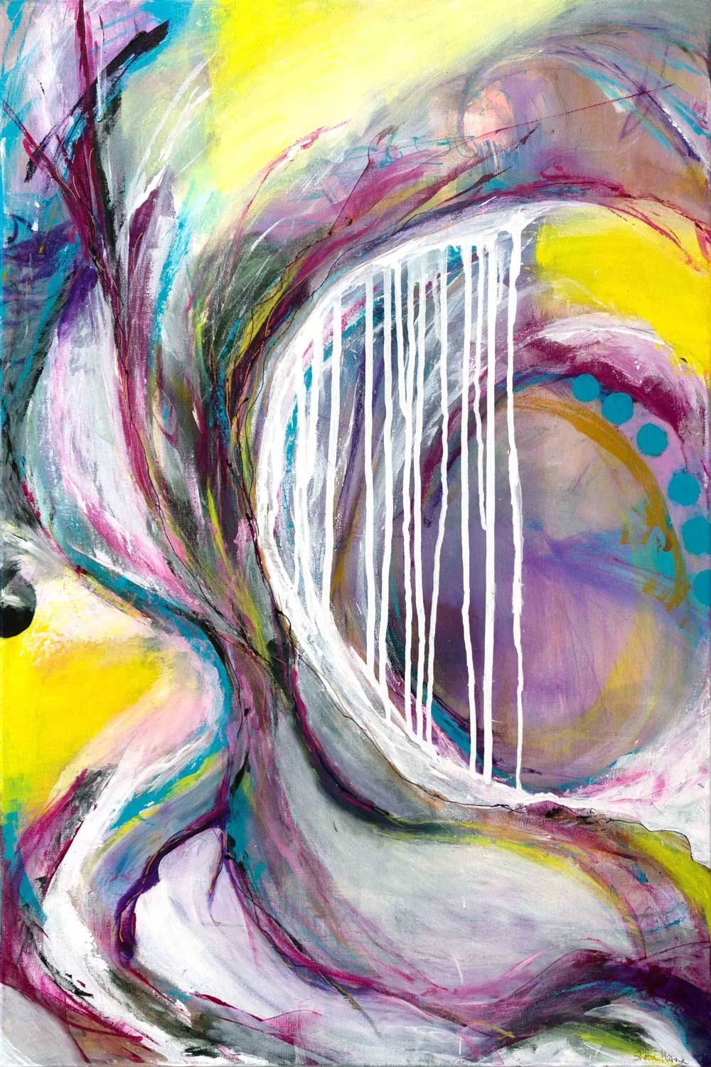 Abstract acrylic painting in bright yellow and lavender with a large grey-white arc through the center and white drip lines falling vertically inside it