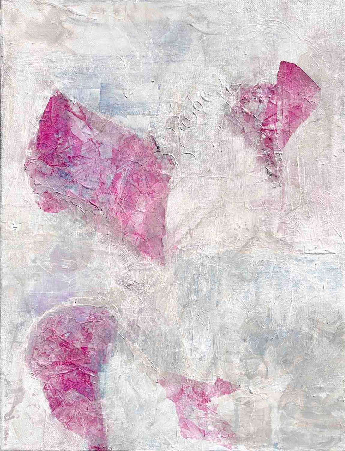 Abstract acrylic painting in pale white and grey-blue with crinkled tissue paper forms resembling broken hearts and ghostly marks from underlying layers.