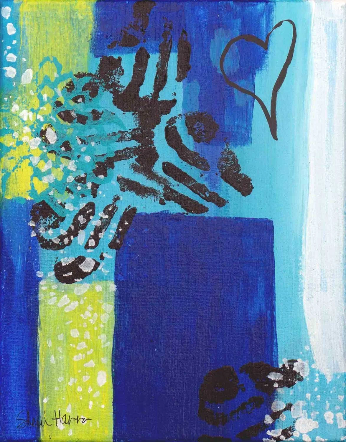 Small abstract acrylic painting in blue, teal, and yellow with intricate overlapping stamp patterns and a small heart, fourth in the Love Letters series