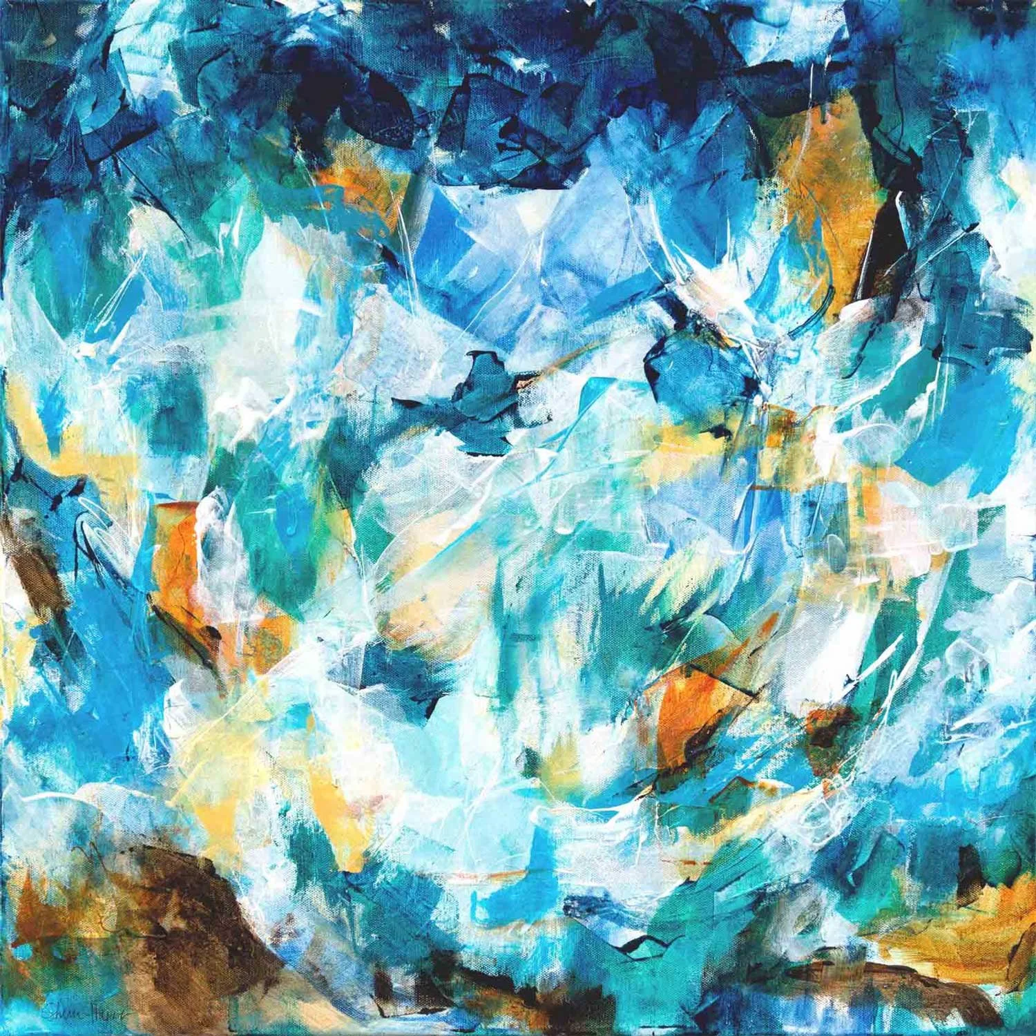Abstract acrylic painting in teal, cobalt, blue, and gold with energetic layered marks suggesting light moving across the surface of water