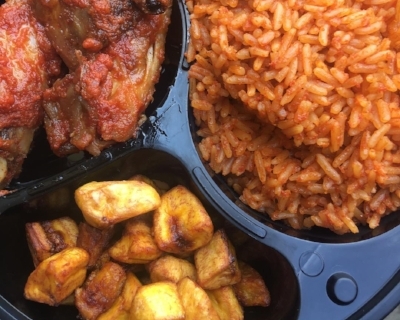 Two of Noo's faves: jollof rice & fried plantain (photo: Aroma 9ja)