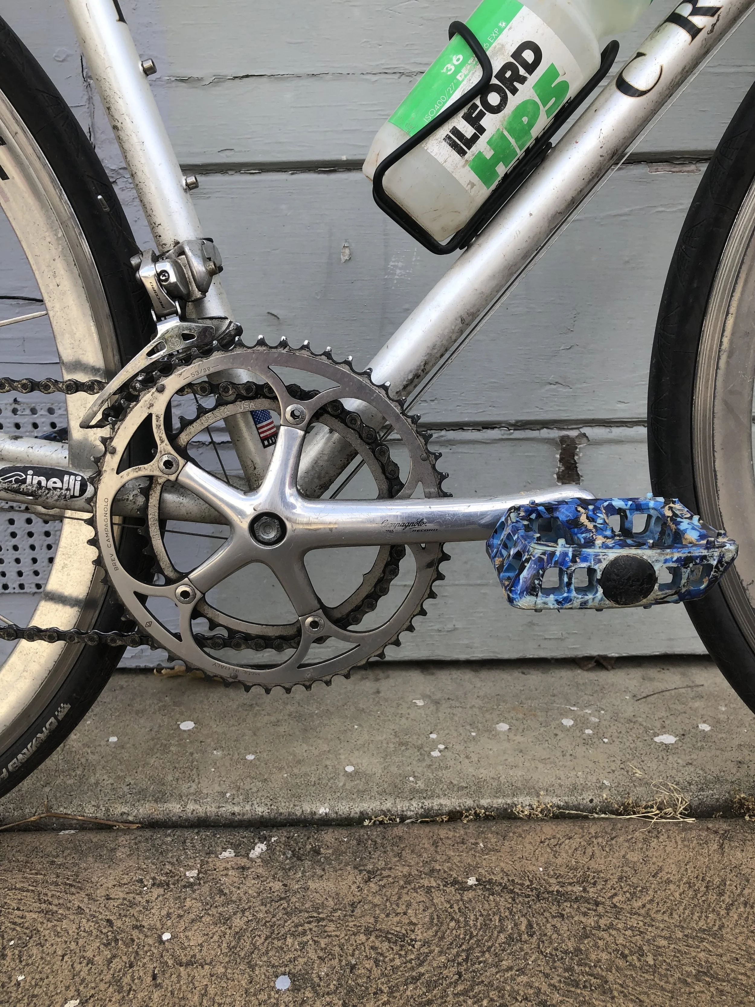  Classic 80’s gearing of 53/39 on this once pristine Campy Record crankset keeps this big perpetually in the little ring.  One of the few non period correct parts besides the Chris King HS these BMX pedals keep things chill…and also a little terrifyi
