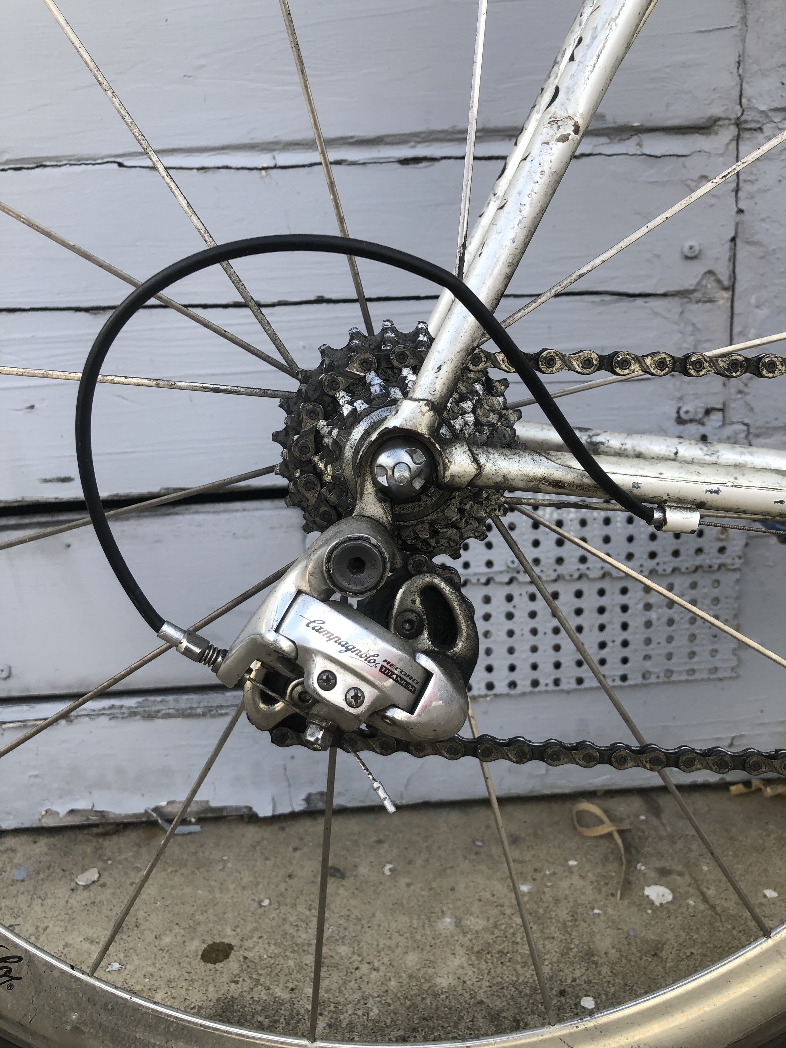  8 speeds, and one of the classiest rear derailleur to ever come out of Italy.  This has never been adjusted, a credit to Wilis at Deluxe who tuned the bike before it came my way.  Maybe in only has 8 speeds, but i think the  fact that it can shift f
