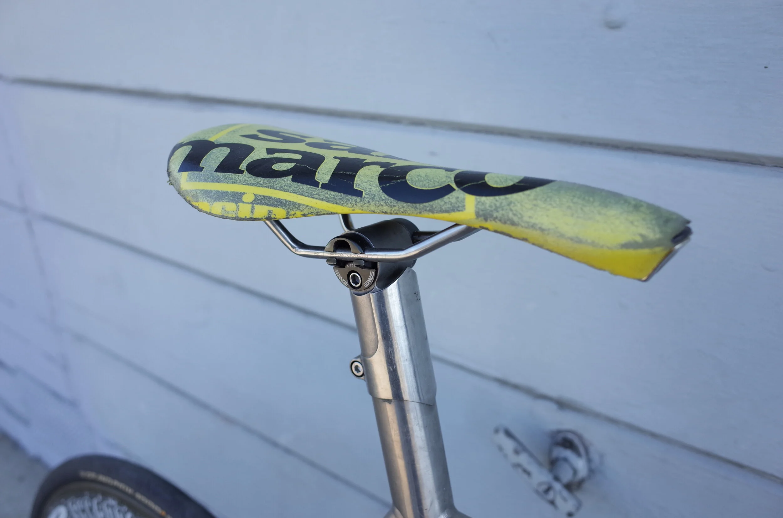  The yellow leather of the saddle has defiantly taken a beating over the years but somehow the printed graphics have stayed glossy and fresh.  I think this is one of my all time favorite saddles.  My butt loves the Zoncolan shape and my sense of styl