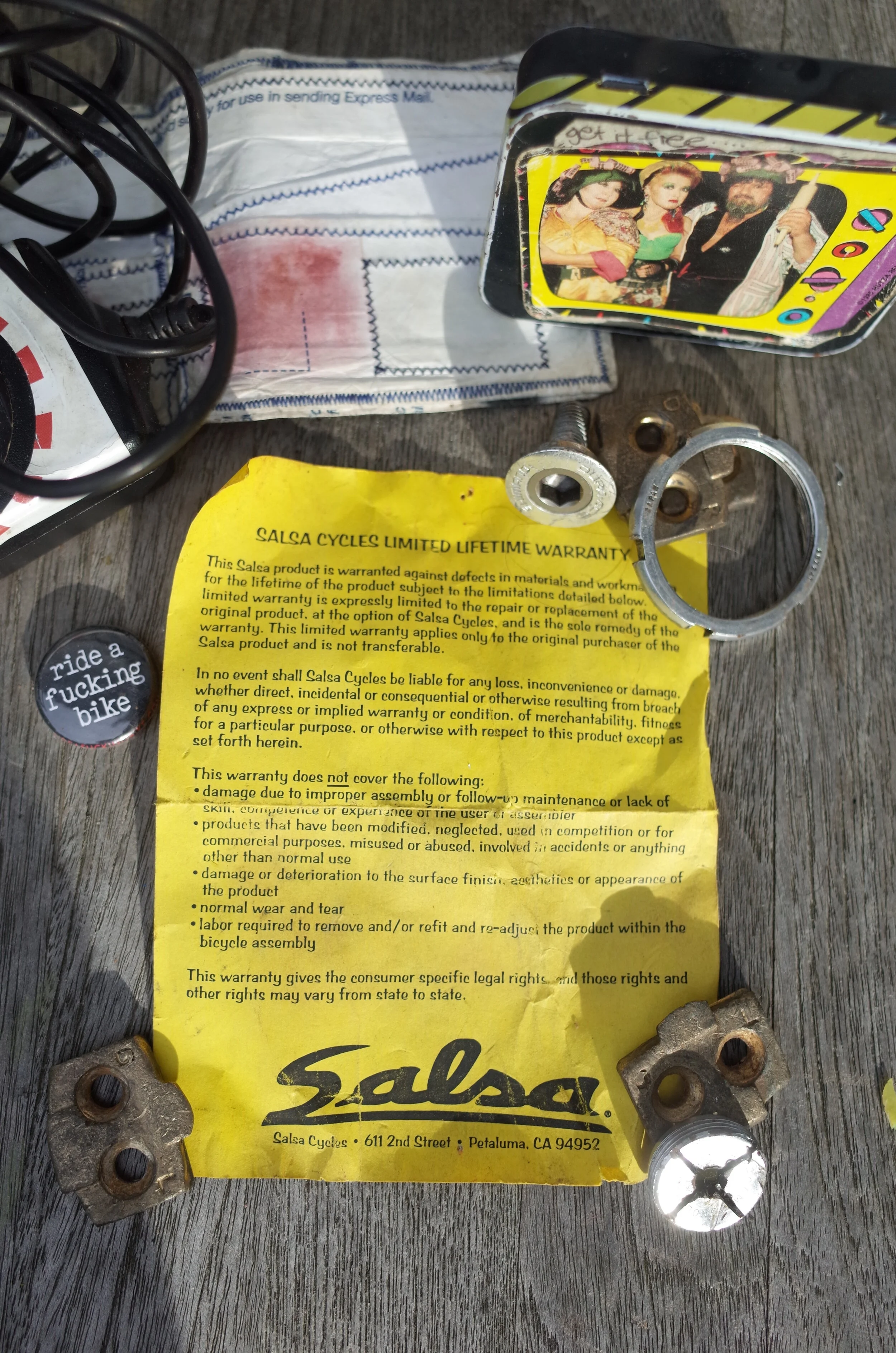  All of these things were found stuffed in an old Thomson stem bag, an eclectic collection of …crap.  This Salsa warranty paper came with a stem I bought at a swap meet.  Salsa sold their name to QBP before I started collecting so there was never an 