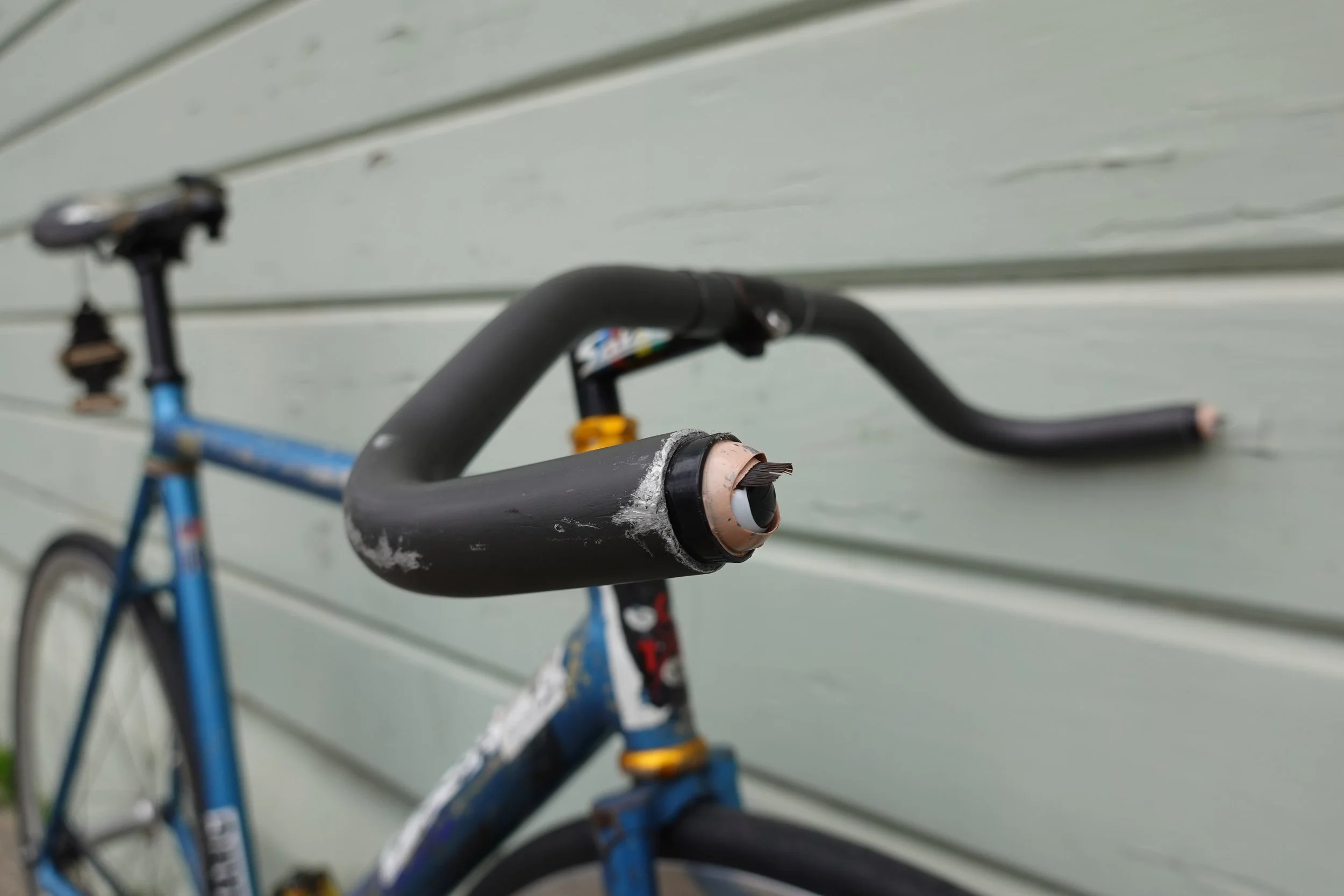  If you road track bikes in the 2000’s you knew someone who had gotten “core sampled.”  Crashed and had the open end of a handlebar (usually drops) dig into their leg, effectively core sampling their muscle.  So I always tried to jam something into m
