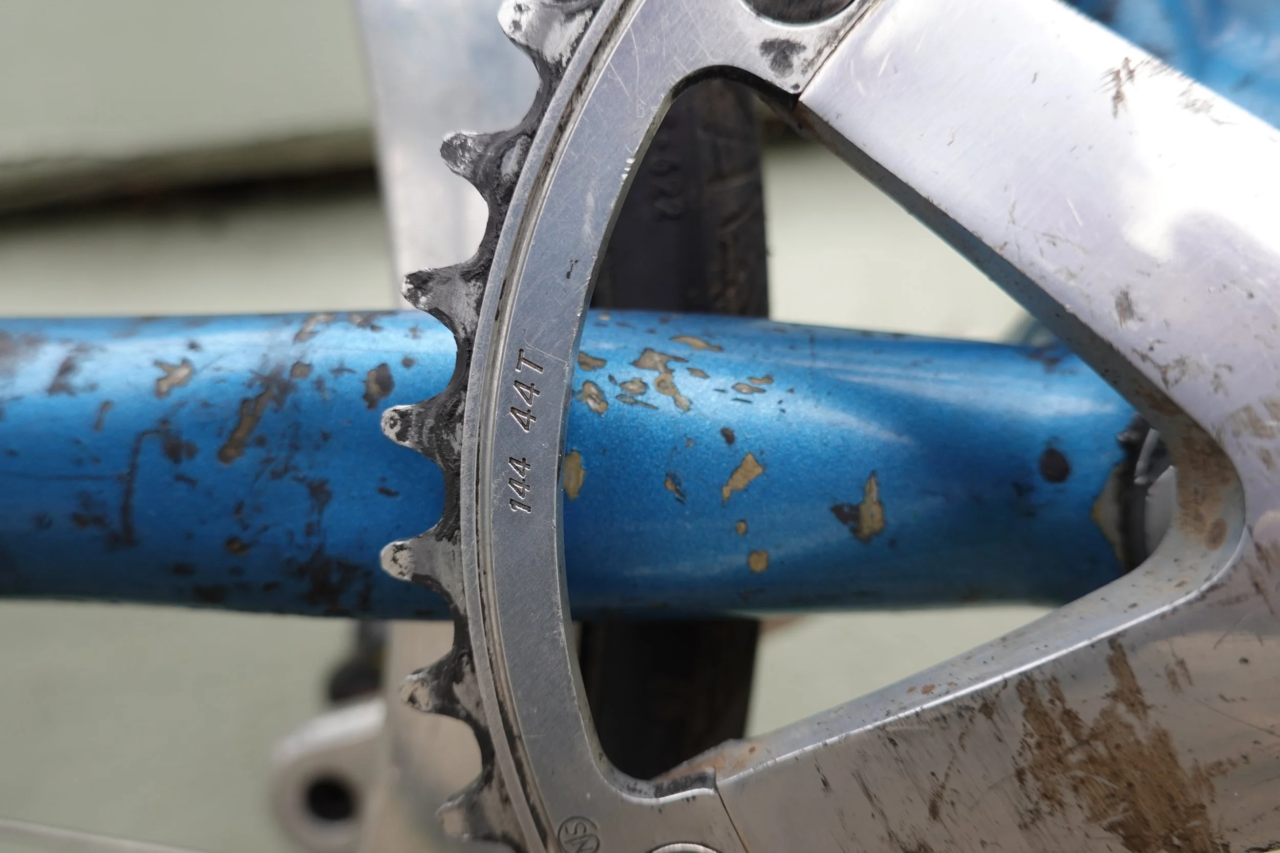  It was super hard to track down a 44t 1/8 inch track chainring.  The 144bcd spider is huge and this is almost as low as you can go.  Josh Hunt, who I started TCB with had this Sugino 44t ring laying around the old messenger mansion and I jumped on i