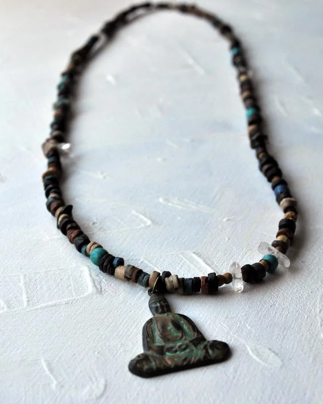 Necklace Featuring Verdigris Buddha Charm & Wooden Beads