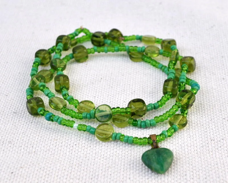 Bracelet with Jade Heart Pendant and Green Glass Beads