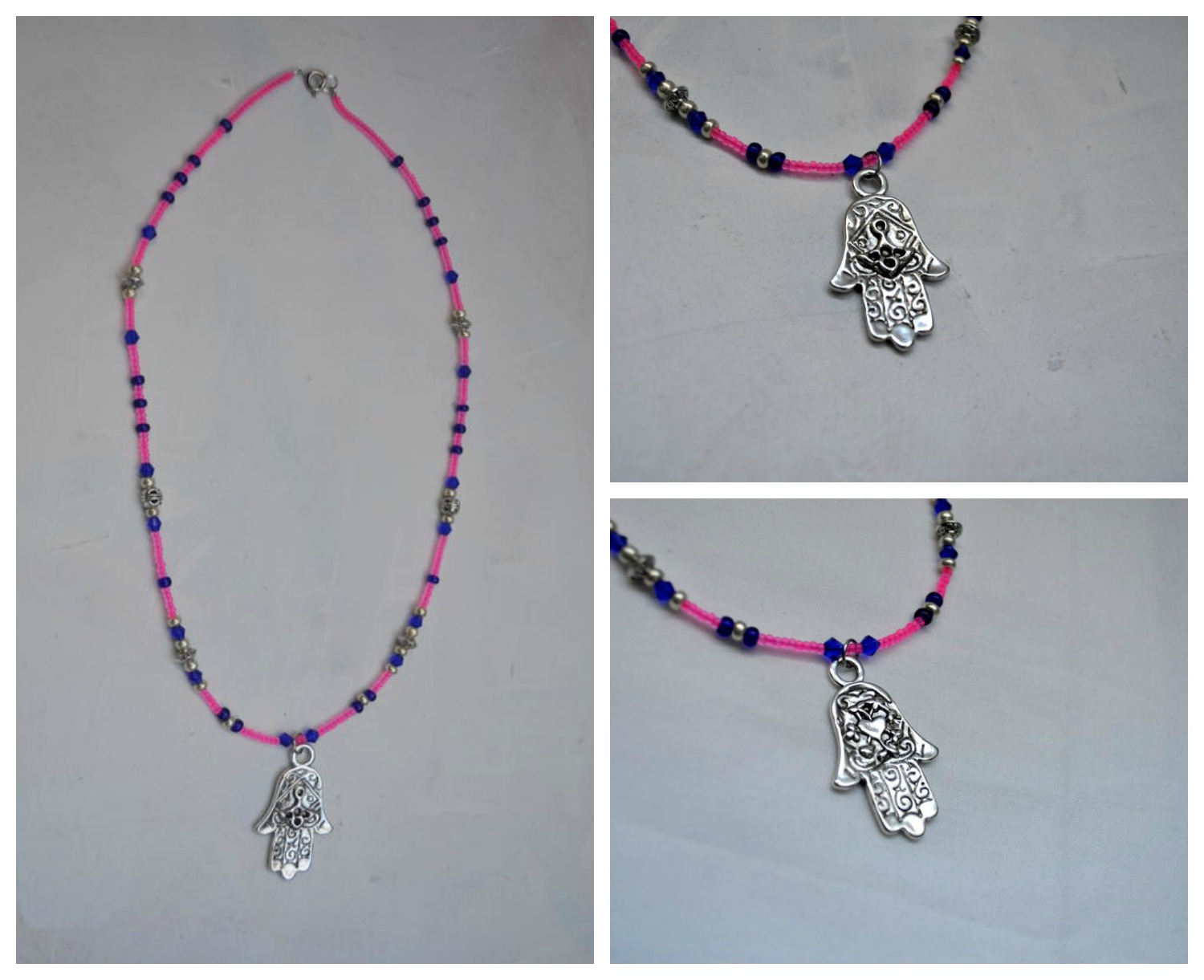 Necklace featuring Antique Silver Hand of Fatima Pendant with Pink and Blue Glass Beads
