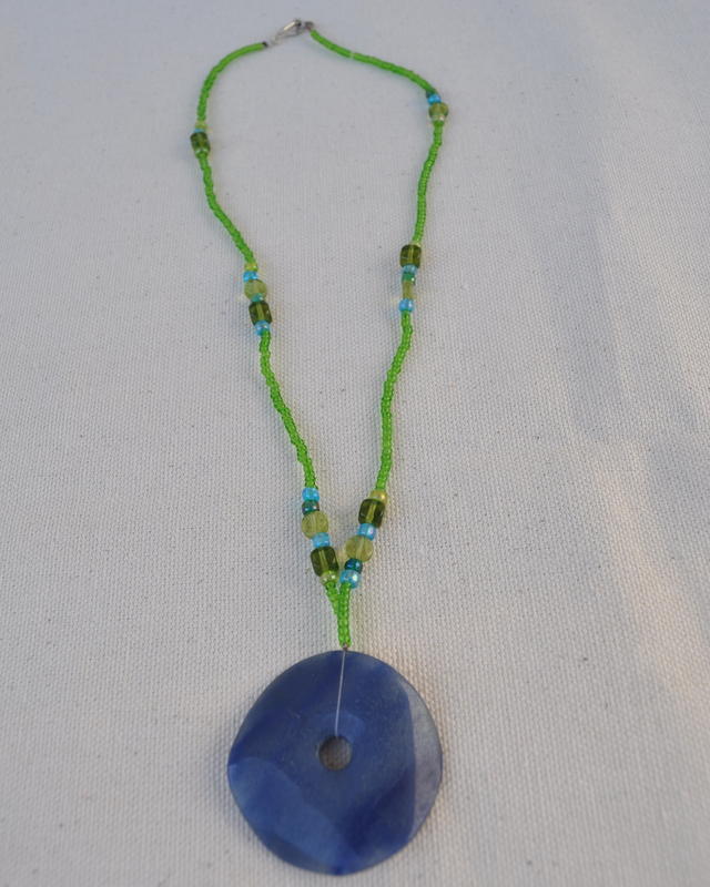 Necklace featuring Blue Semi-Precious Stone Pendant with Green & Blue Glass beads