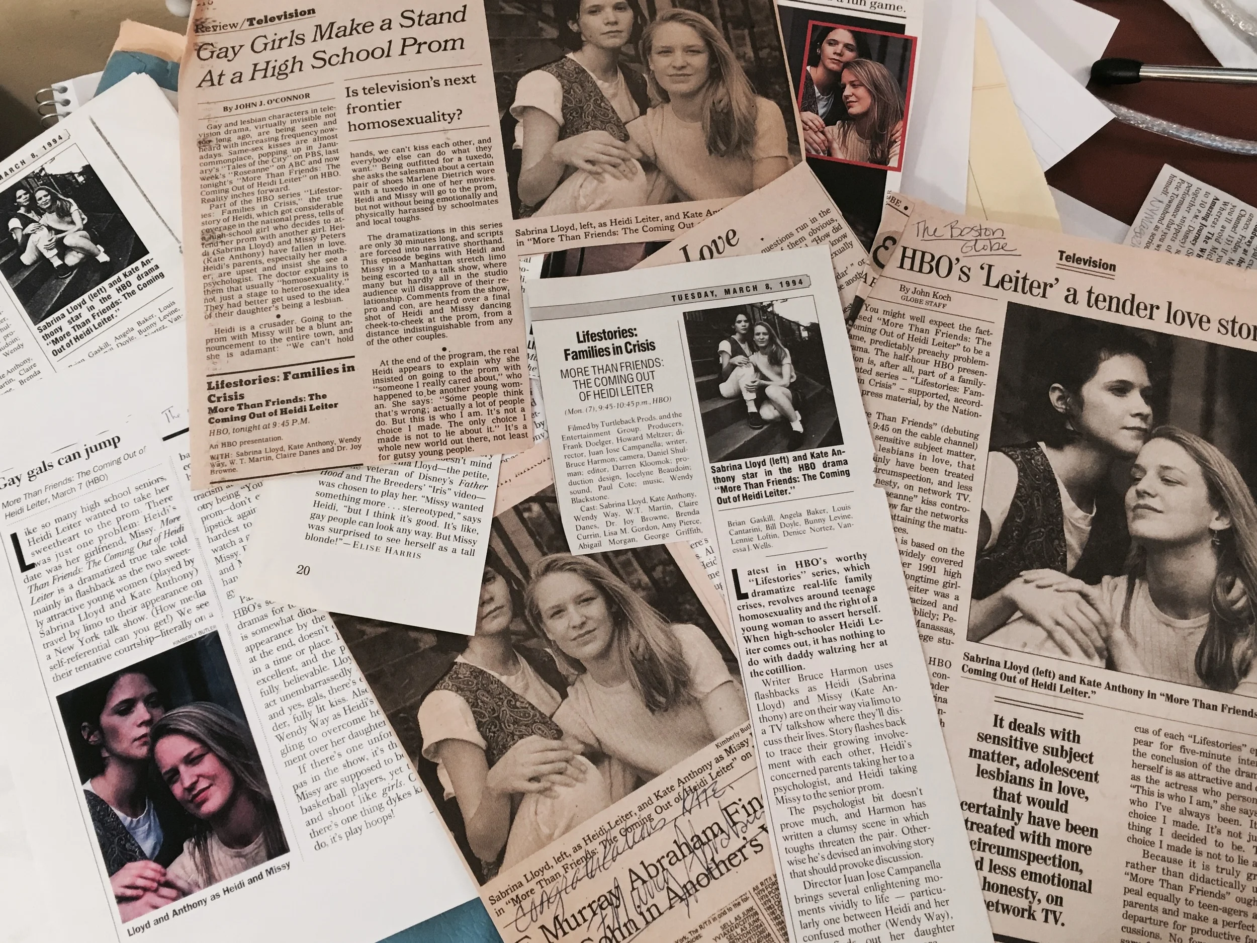 cuttings from the new york times, boston globe, out, the advocate, tv guide, HBO Magazine and more