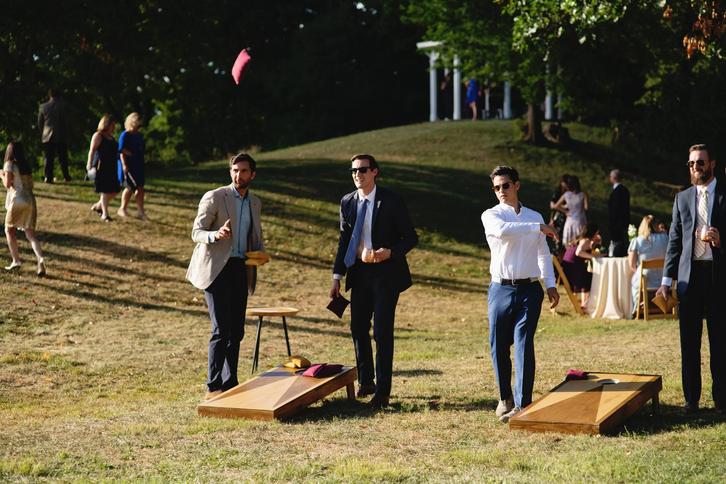 hudsin-ny-outdoor-wedding-cocktail-hour-group-of-guests-playing-cornhole
