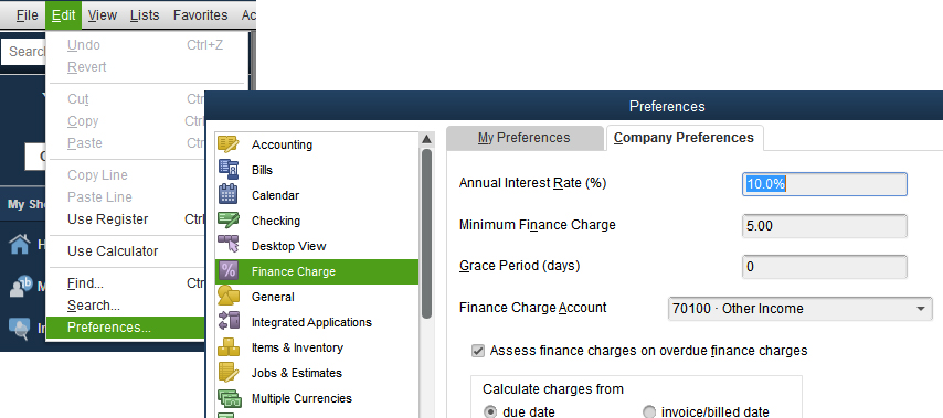 Before you can start adding finance charges to overdue invoices, you'll need to establish your Company Preferences .