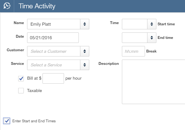 QuickBooks Online Plus Time Activity Screen