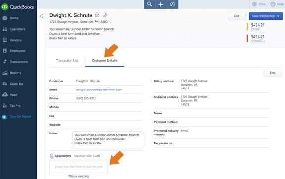 QuickBooks Online attach files to vendors and customers