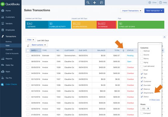 QuickBooks Online show/hide attachment column for customer list and vendor list