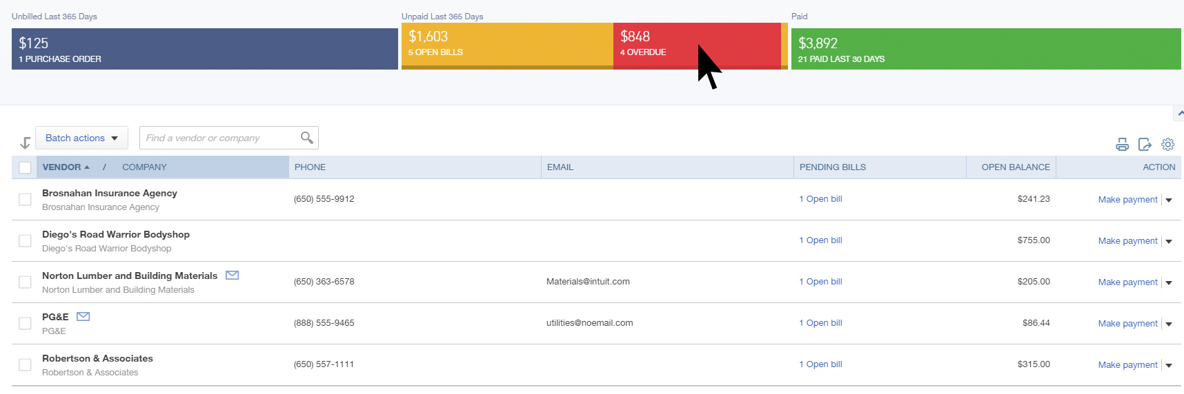 QuickBooks Online Vendor Bar to Pay Bills