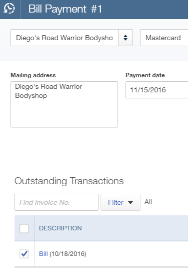 QuickBooks Online Bill Payment screen