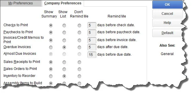 QuickBooks Desktop Preferences: Reminders
