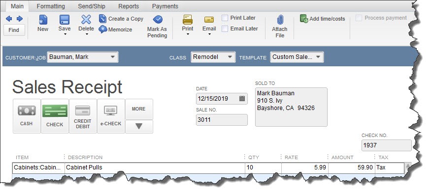 QuickBooks Desktop Enter Sales Receipts window