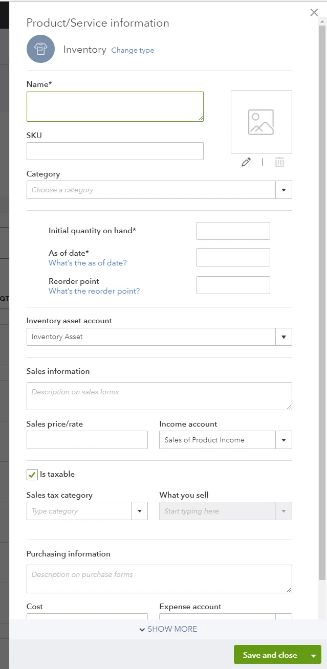 Creating an Inventory item record in QuickBooks Online