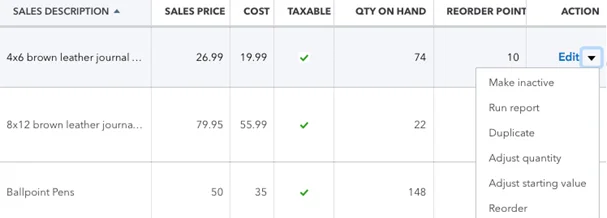 Once you create a record for an item or service in QuickBooks Online, it will appear in this table.