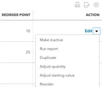 QuickBooks Online Products/Services item edit menu