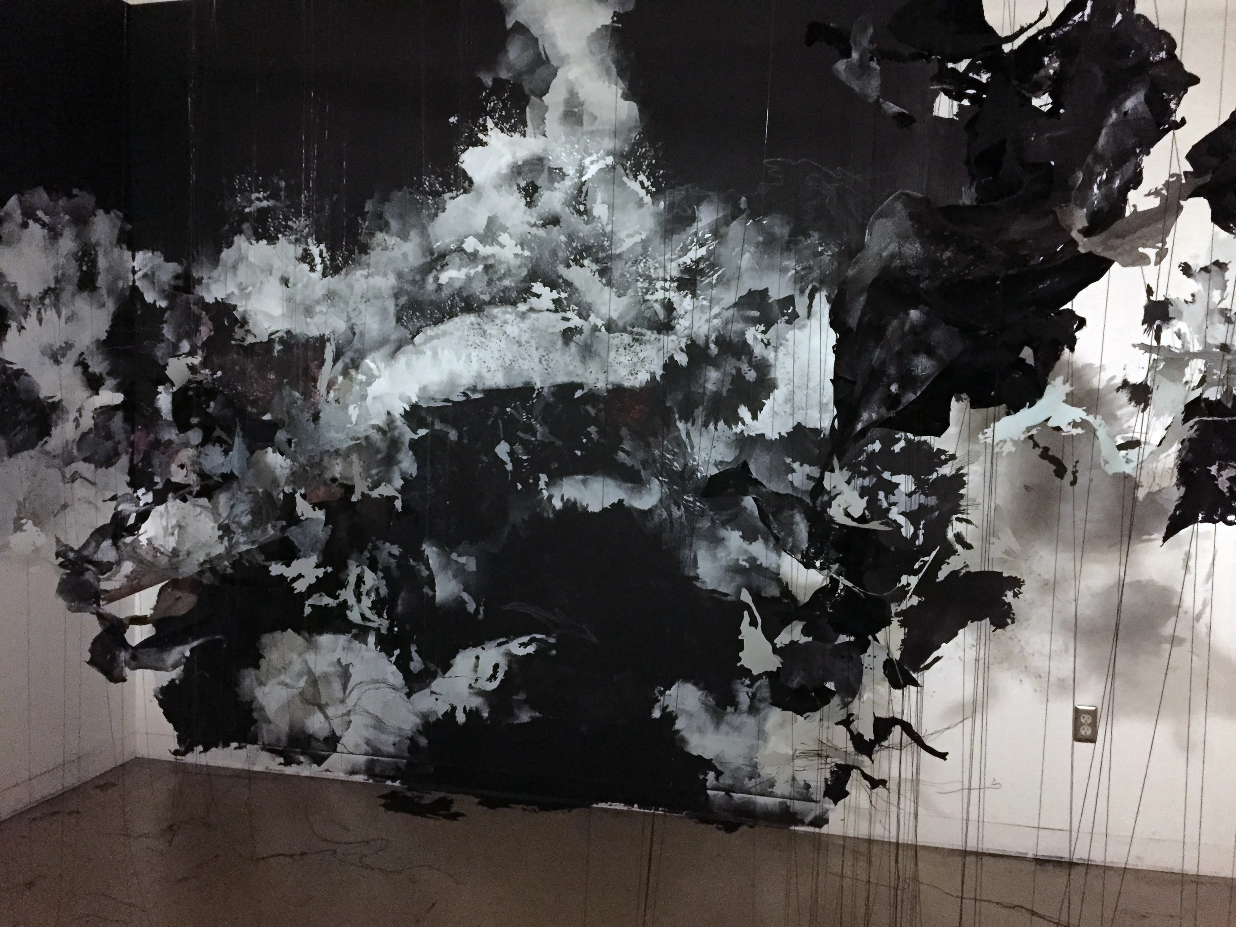 Przeswity, rozwidla ("It grows and bifurcates until the whole") 2015, paint, Mylar, thread, felt, pins, approx. 10'h x 15'w x 10'd