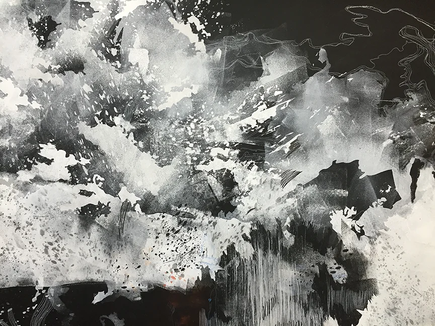 Przeswity, rozwidla ("It grows and bifurcates until the whole") 2015, detail, paint, Mylar, thread, felt, pins, approx. 10'h x 15'w x 10'd