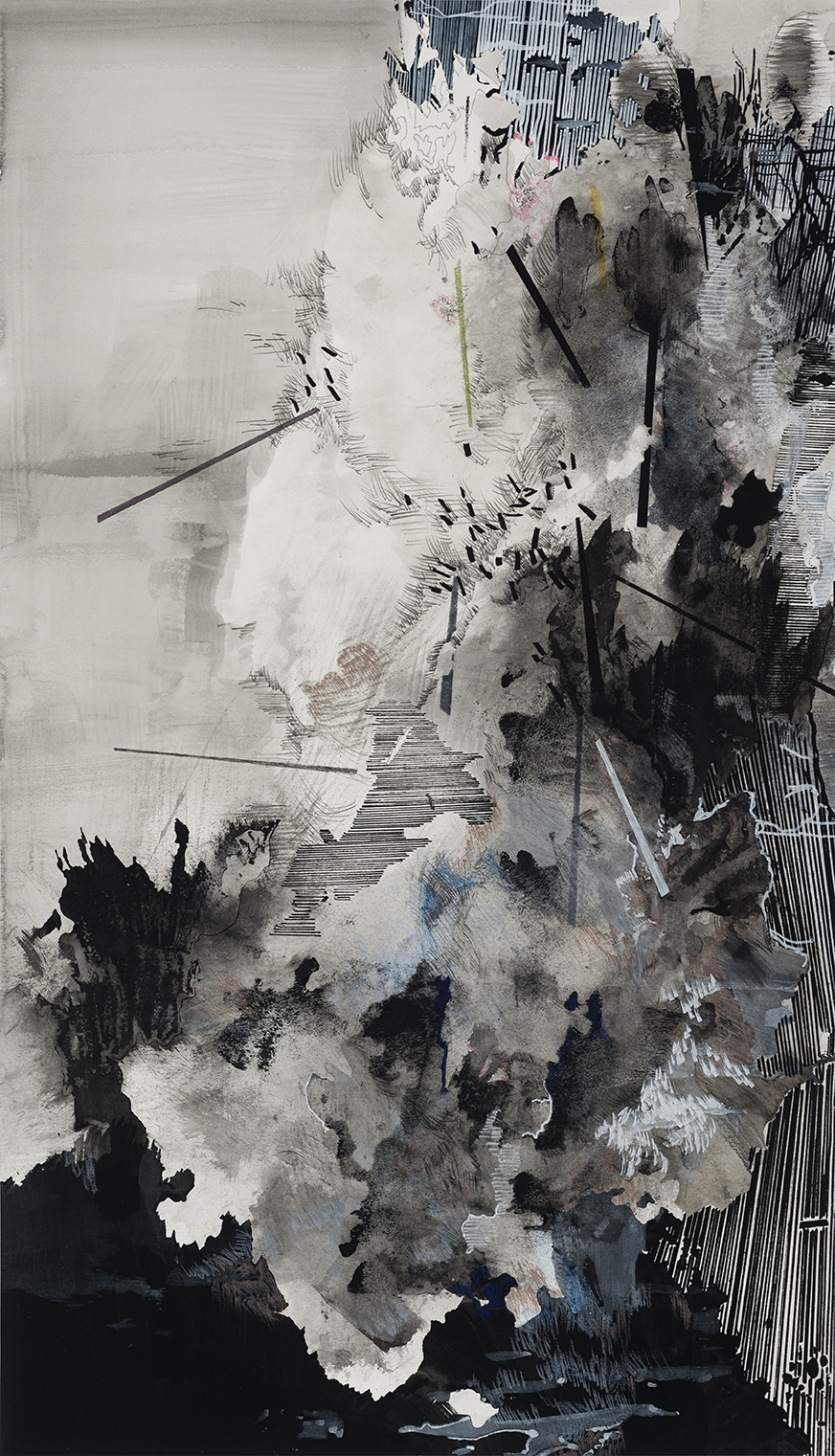   Ground, Water (Red Creek WV)    2016    Ink, acrylic, pencil, conte, markers, and graphite on paper     34” x 19.5”   Created with the support from Augusta Westobou Festival, Inc. 