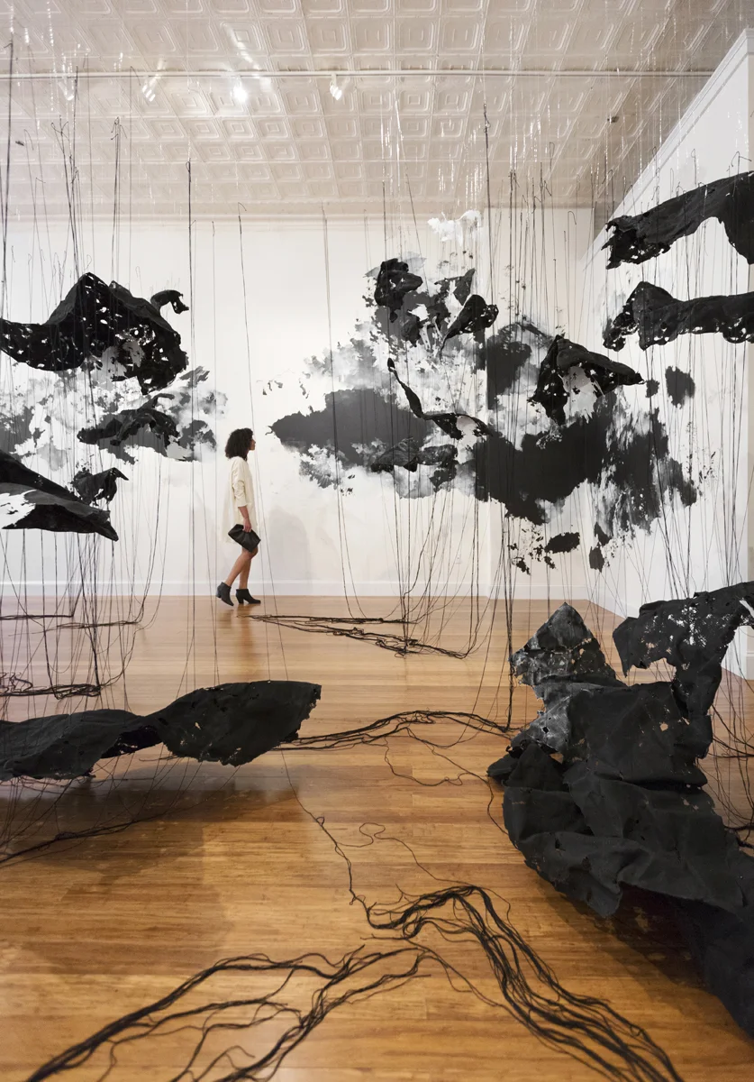 Unseen Patterns (Feb. 28, 2015, 11:41am, Chesapeake Bay- Aug. 24, 2016, 9:03 AM Georgia) 2016 Paint, markers, mylar, thread, felt, monofilament Dimensions variable Created with the support from Augusta Westobou Festival, Inc.