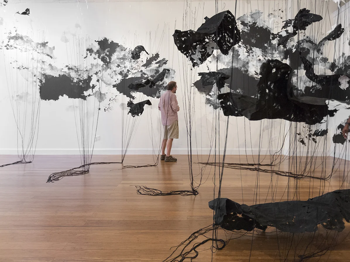 Unseen Patterns (Feb. 28, 2015, 11:41am, Chesapeake Bay- Aug. 24, 2016, 9:03 AM Georgia) 2016 Paint, markers, mylar, thread, felt, monofilament Dimensions variable Created with the support from Augusta Westobou Festival, Inc.