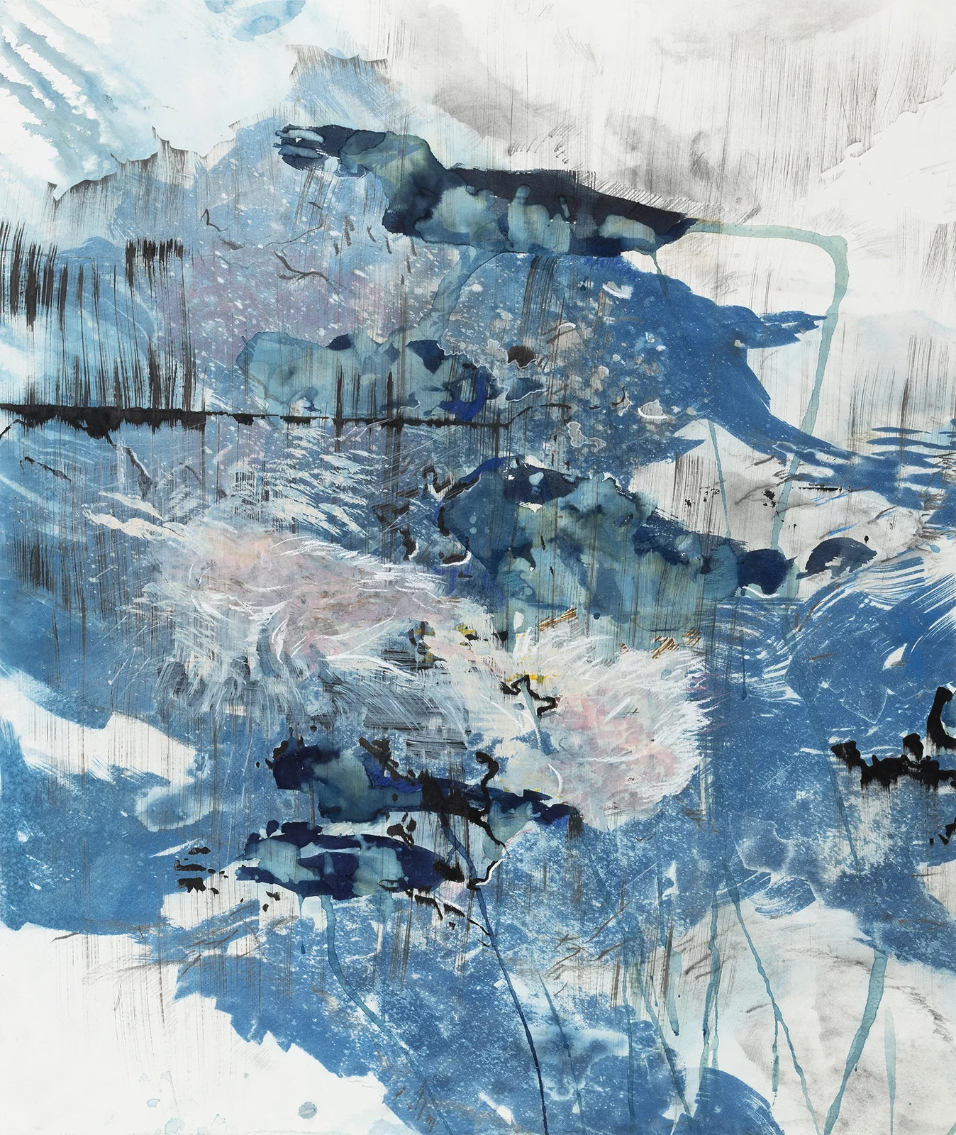 Fluid, Exposure 1 Cyanotype, Ink, acrylic, pencil, conte crayon, markers, and graphite on paper 2018 24.25 x 20.75”