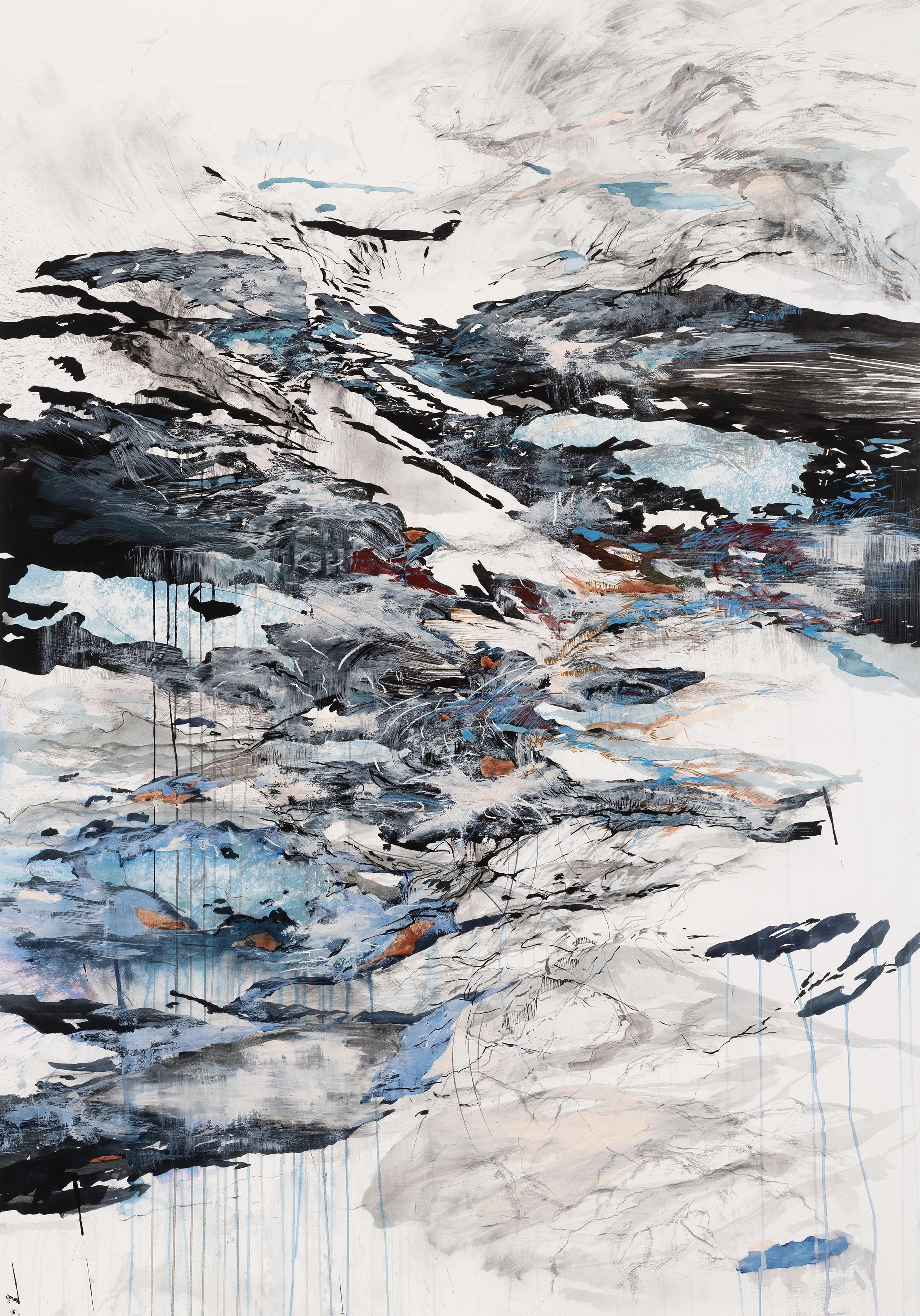 Cleaving 4 ( 61°33'30.30"N 142°54'16.64"W) Cyanotype, ink, acrylic, pencil, conte crayon, markers, and graphite on paper 52 x 36.5”