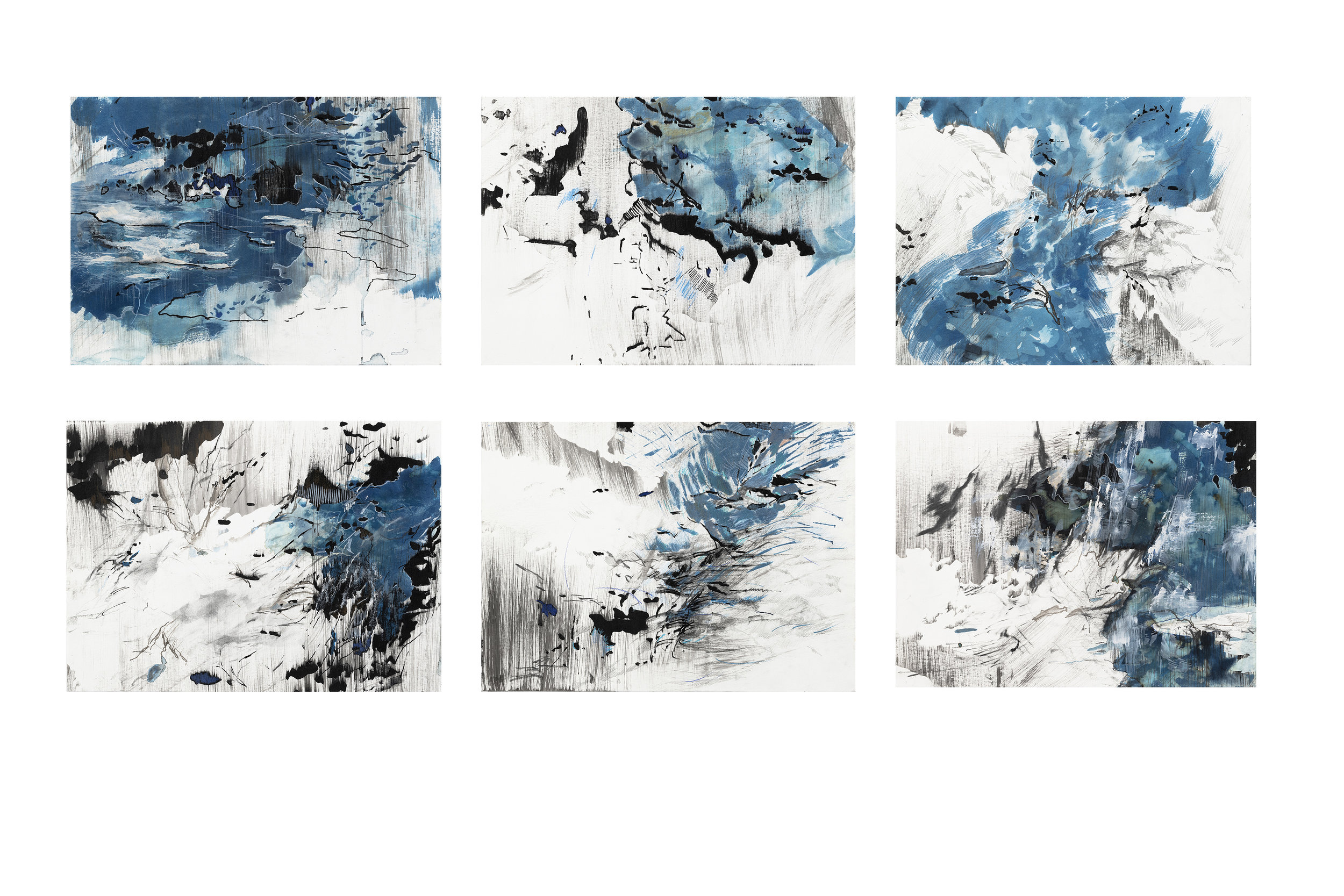  Distance of Blue 3- 8  Cyanotype, Ink, acrylic, pencil, conte crayon, markers, and graphite on paper  2018  10 x 14” each 