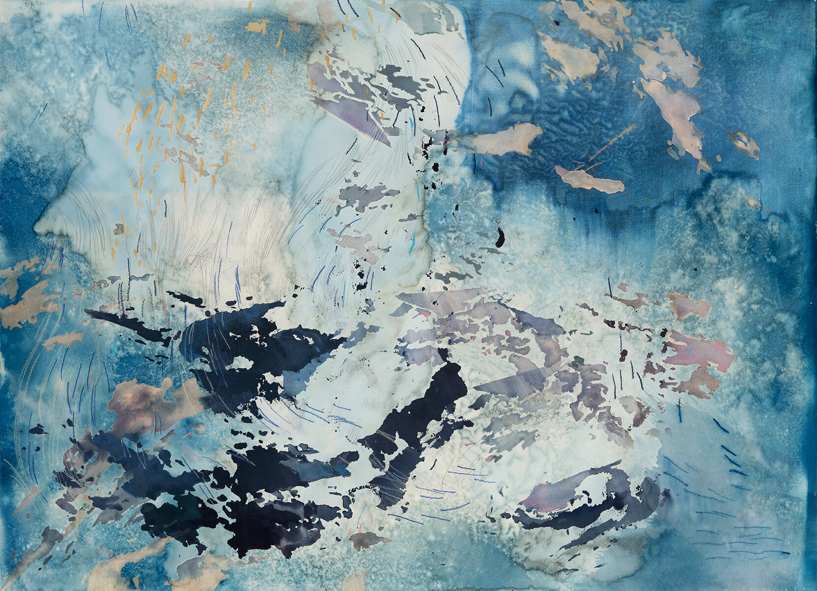  Become Ocean 2  2020, 22 x 30”, cyanotype, sodium bicarbonate, and mixed media on paper 