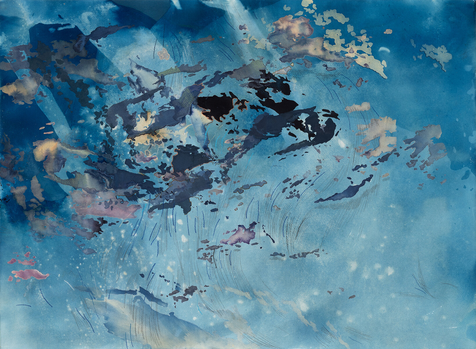  Become Ocean 1   2020, 22 x 30”, cyanotype, sodium bicarbonate, and mixed media on paper 