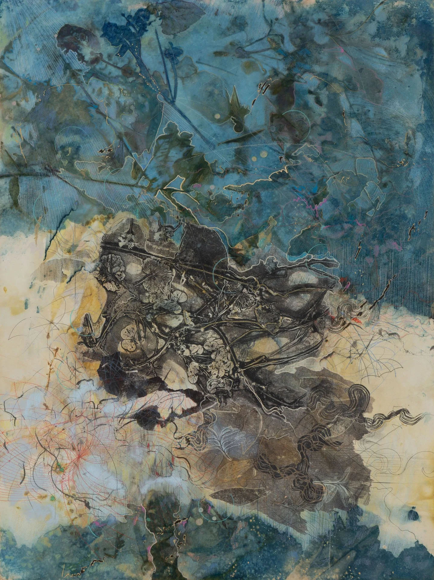  Turn more Golden 3  2025, Cyanotype, echo print, mono-print collage, markers, color pencils, graphite on paper  76 × 56 cm, 30 x 22 in  Private Collection 